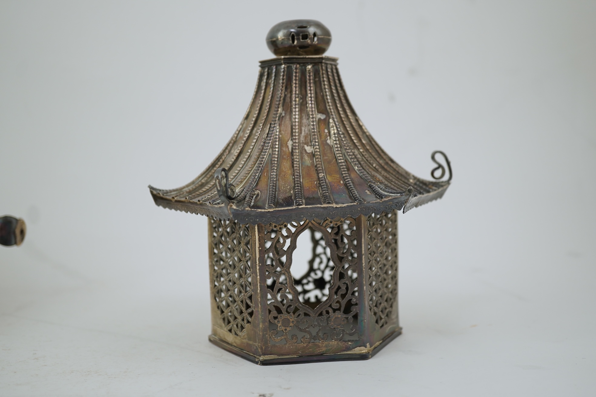 An unusual Chinese silver tripod censer with pagoda shaped cover, ding, early 20th century